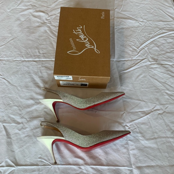 Christian Louboutin Clare Silver Glitter and White Heel Slingback, Size 42! - Picture 3 of 14